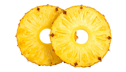 Two pineapple slices with holes, yellow fruit with brown spots, overlapping on white background, isolated cutout