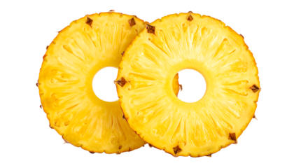 Two pineapple slices with holes, yellow fruit with brown spots, overlapping on white background, isolated cutout