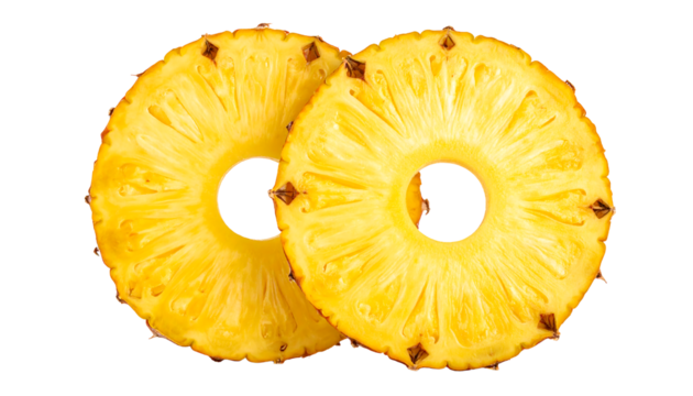 Two pineapple slices with holes, yellow fruit with brown spots, overlapping on white background, isolated cutout
