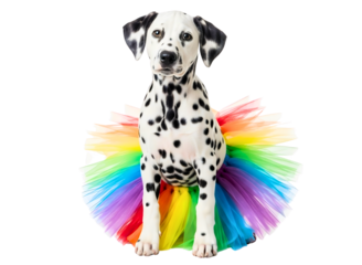 Cute dalmatian dog wearing a colorful rainbow tutu isolated on transparent background