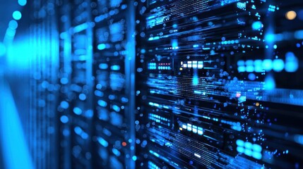 A blue and black server room with glowing lights and wires.