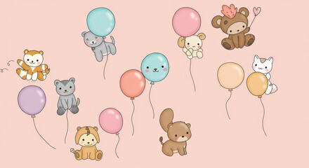 Obraz premium Whimsical kawaii pets holding colorful balloons in the sky
