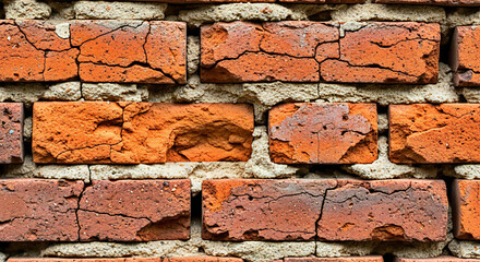 Close-up texture of old, cracked weathered red bricks with rough grout in a rustic wall pattern
