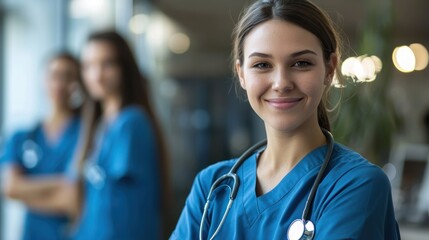 A young nurse standing in a hospital corridor with her colleagues in the background.