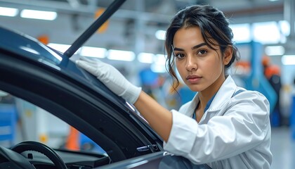 Woman in lab coat inspecting a car