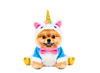 Cute pomeranian dog wearing a colorful unicorn costume isolated on transparent background