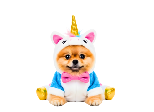 Cute pomeranian dog wearing a colorful unicorn costume isolated on transparent background - Powered by Adobe