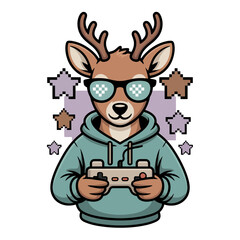 Deer gamer with shades and hoodie, controller in hands, cozy streaming vibe, casual gaming mascot vector illustration