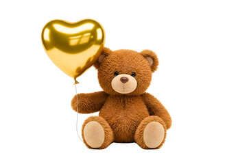 Cute brown teddy bear holding a golden heart balloon isolated on transparent background
