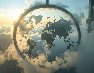 World map seen through a circular window, clouds, sunrise