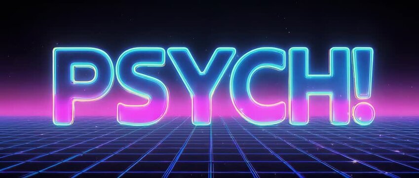 A trendy, retro 80s-style animation of the word "PSYCH!". Perfect for revealing a prank with a cool, vaporwave aesthetic. Seamlessly loops.