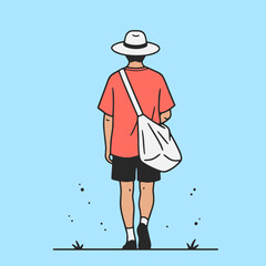 The casual town man in a hat with a big bag walks in the summer outdoors, in a realistic and relaxed mood, looking ahead.