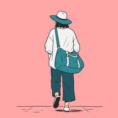 The casual town man in a hat with a big bag walks in the summer outdoors, in a realistic and relaxed mood, looking ahead.