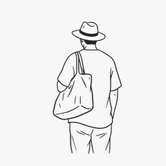 The casual town man in a hat with a big bag walks in the summer outdoors, in a realistic and relaxed mood, looking ahead.