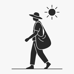 The casual town man in a hat with a big bag walks in the summer outdoors, in a realistic and relaxed mood, looking ahead.