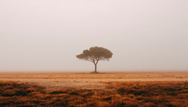 Lonely tree in a hazy landscape - Powered by Adobe