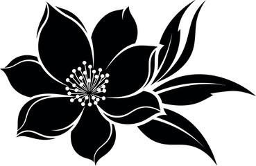 Elegant black silhouette flower with delicate petals and leaves botanical art vector