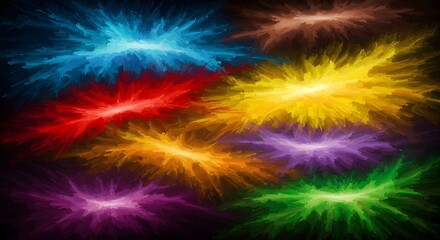A stunning array of multicolored light flares or energy explosions scattered across a dark canvas, a digitally generated abstract cosmic background