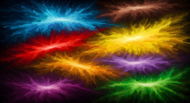 A stunning array of multicolored light flares or energy explosions scattered across a dark canvas, a digitally generated abstract cosmic background