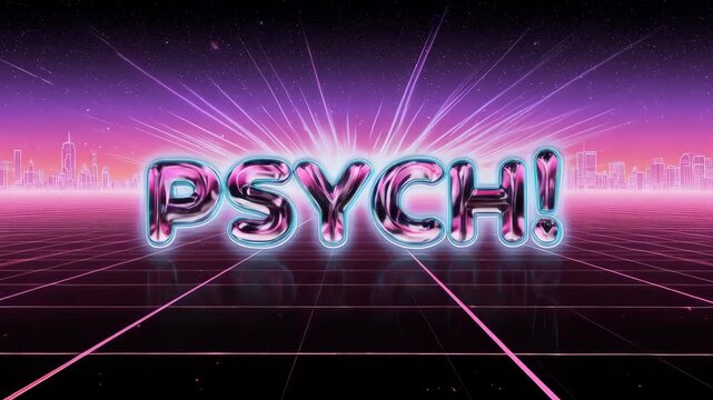 A trendy, retro 80s-style animation of the word "PSYCH!". Perfect for revealing a prank with a cool, vaporwave aesthetic. Seamlessly loops.