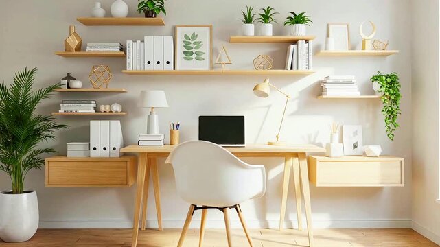 A minimalist home office scene, featuring a desk, chair, shelves with plants and decor, and a laptop