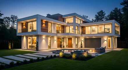Modern Luxury Home at Dusk with Pool and Outdoor Seating