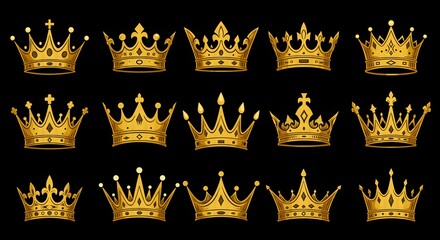 Magnificent collection of golden crowns, intricately designed with sparkling jewels. Symbols of royalty, power, and triumph are set against a dark backdrop