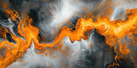 An abstract, fluid artwork featuring swirling orange and black hues with a dynamic, flowing texture.
