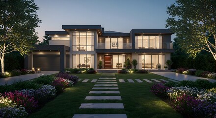 Obraz premium Modern Luxury Home Exterior at Dusk