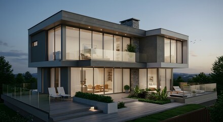 Fototapeta premium Modern Luxury Home Exterior at Dusk