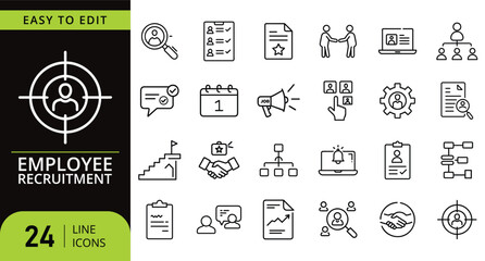 Employee recruitment icons set with target and magnifying glass