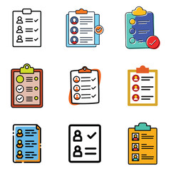 Collection of colorful cartoon clipboard icons representing lists surveys and user profiles