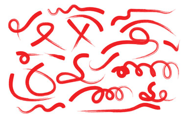 Collection of abstract red brush stroke doodles and scribbles on white background