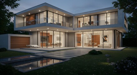 Fototapeta premium Modern Luxury Home Exterior at Dusk