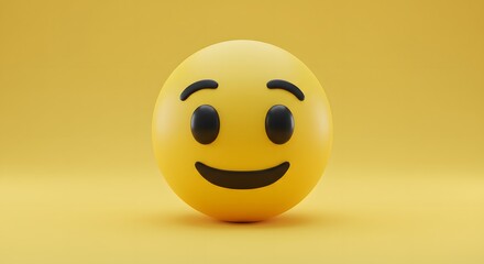 Smiling emoji face, a classic symbol of happiness and positive emotions, rendered in 3D with a smooth texture against a vibrant yellow background