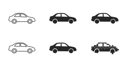 Car Icons Set Line Art, Solid Fill, and Pixel Art Car Designs