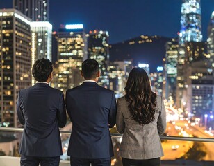 Naklejka na ściany i meble Three businesspeople admiring a brightly lit cityscape at nighttime