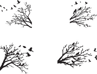 Silhouette of birds flying from bare tree branches, symbolizing freedom, peace, and nature, perfect for minimalist wall art, environmental design, wildlife posters, and inspirational concept illustrat