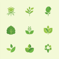 A collection of minimalist green leaf and plant icons symbolizing nature, growth, and organic elements