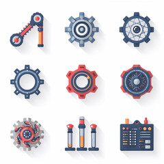 Collection of Mechanical Gears and Industrial Components in a Flat Design Style