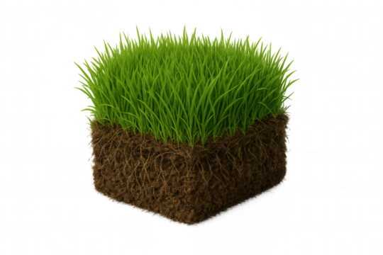 Green grass turf block with visible soil and roots. Growing ecology concept on transparent background