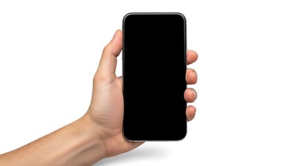 Hand holding a modern smartphone with blank screen for mockup.