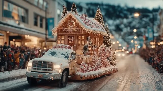 Festive parade float featuring a gingerbread house structure in winter scene