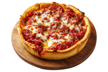 Thick crust deep dish Chicago pizza with cheese and tomato sauce on wooden board isolated on white transparent background, concept of United States traditional street food