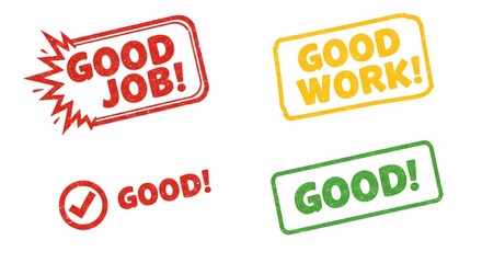 Collection of motivational text badges 'Good job,' 'Good work,' and 'Good!'