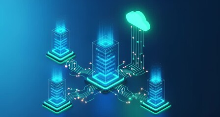 Isometric view of interconnected servers and a cloud icon, illustrating cloud computing and data center infrastructure animated 4k video - Powered by Adobe