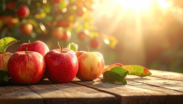 Close up of fresh ripe red apples with water droplets resting on a rustic wooden table bathed in warm golden sunlight with a blurred orchard background