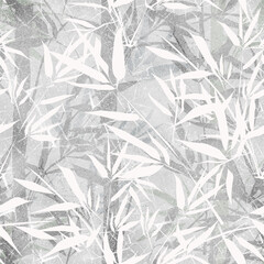 Seamless monochrome light gray tropical pattern. White bamboo branches on a gray background.