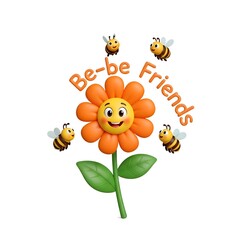 Obraz premium Cute cartoon flower and bees celebrating friendship and joy in a vibrant playful scene
