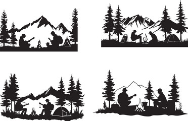 Fototapeta premium Silhouette illustration of campers sitting by tents under pine trees with mountain landscape background, perfect for adventure, outdoor travel, hiking, and nature-themed wall art, posters, and vector 